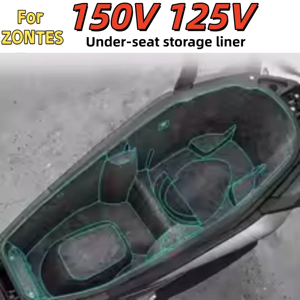 Motorcycle under-seat storage liner/mat for Zontes 150V/125V (2026 models) – scratch-resistant and sound-dampening accessory.