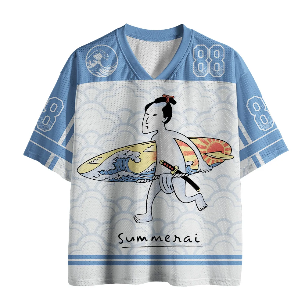 T-shirt en maille à col en V, imprimé japonais Ukiyo-e, motif samouraï surfeur amusant, grande vague et nuage, pour adultes et enfants