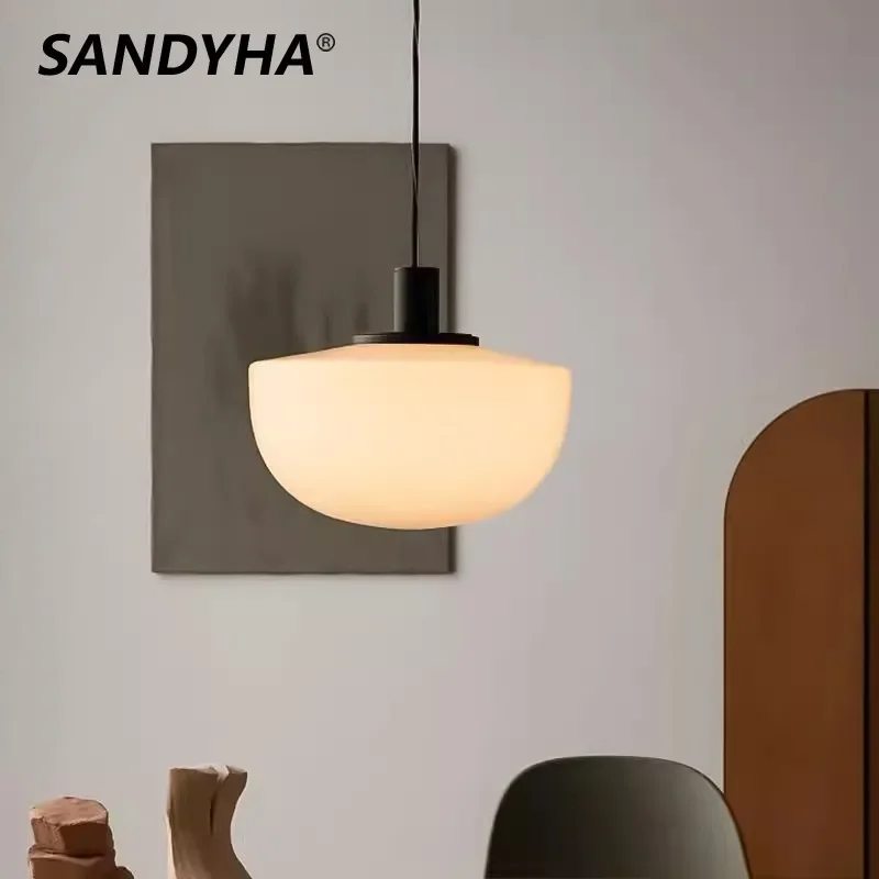 SANDYHA Modern Minimalist Pendant Light Milky White Glass Lampshade Kitchen Chandelier Living Room Decor Bedroom Bedside Lamp