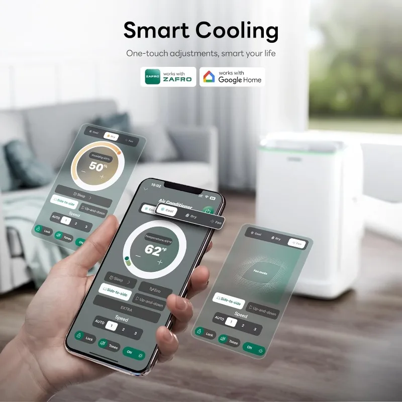 مكيفات الهواء المحمولة ZAFRO بقوة 1600 وحدة حرارية بريطانية، تيار متردد ذكي مزدوج القناة مع تبريد خالي من الصرف، وبارد، ومروحة وأوضاع إزالة الرطوبة