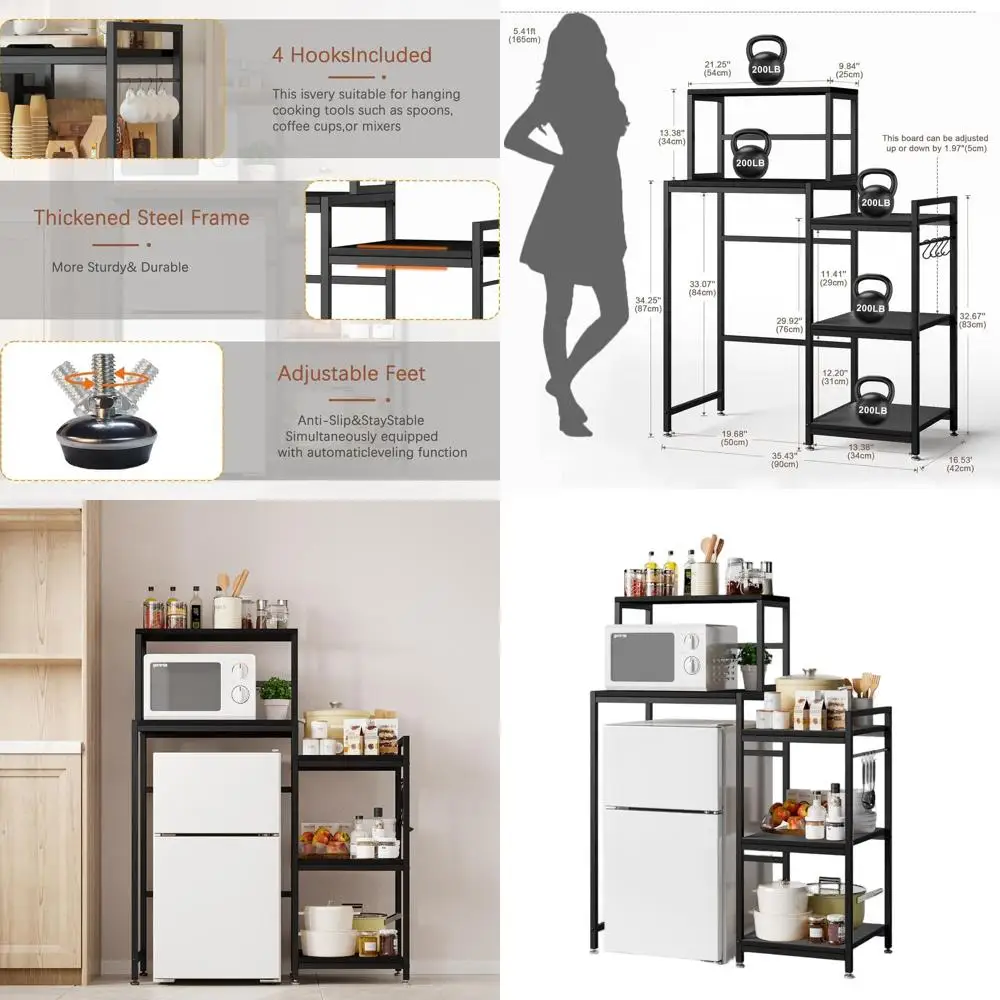 

6-Tier Storage Stand, Compact Shelving Unit, Mini Coffee Bar Space, Baker's Microwave Cart, Storage Cabinet for Dorm Kitchen (Bl