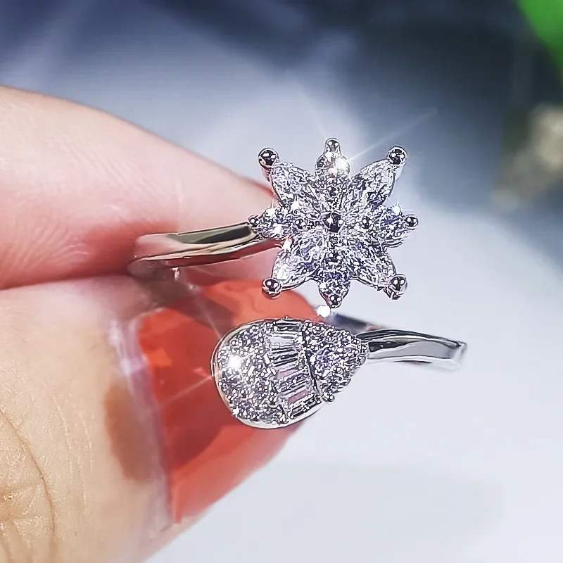 2024 New High End Fashion Snowflake Water Drop Ring Earrings 3-Piece Jewelry Set Women\'s Party Birthday Wedding Gift Wholesale