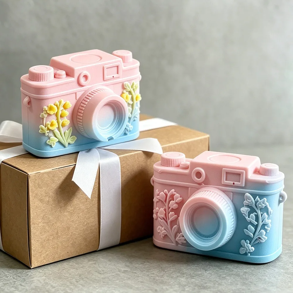 Embossed Camera Candle Silicone Mold Flower Design for Plaster Resin DIY Desktop Decor Home Decoration Birthday Party Gift