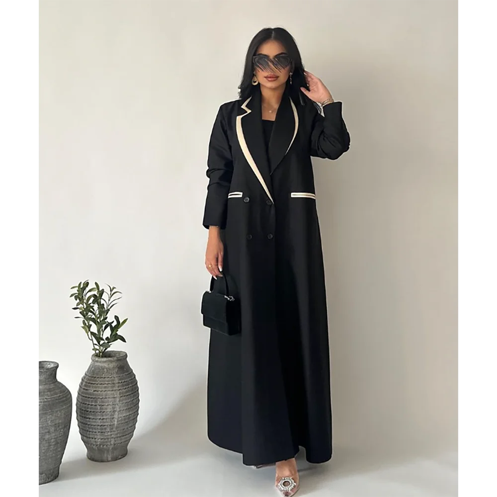 Simple Black Daily Women Abaya Muslim Robe Loose Female Blazer New Double Breasted Lady Jacket One Piece فساتين إسلامية