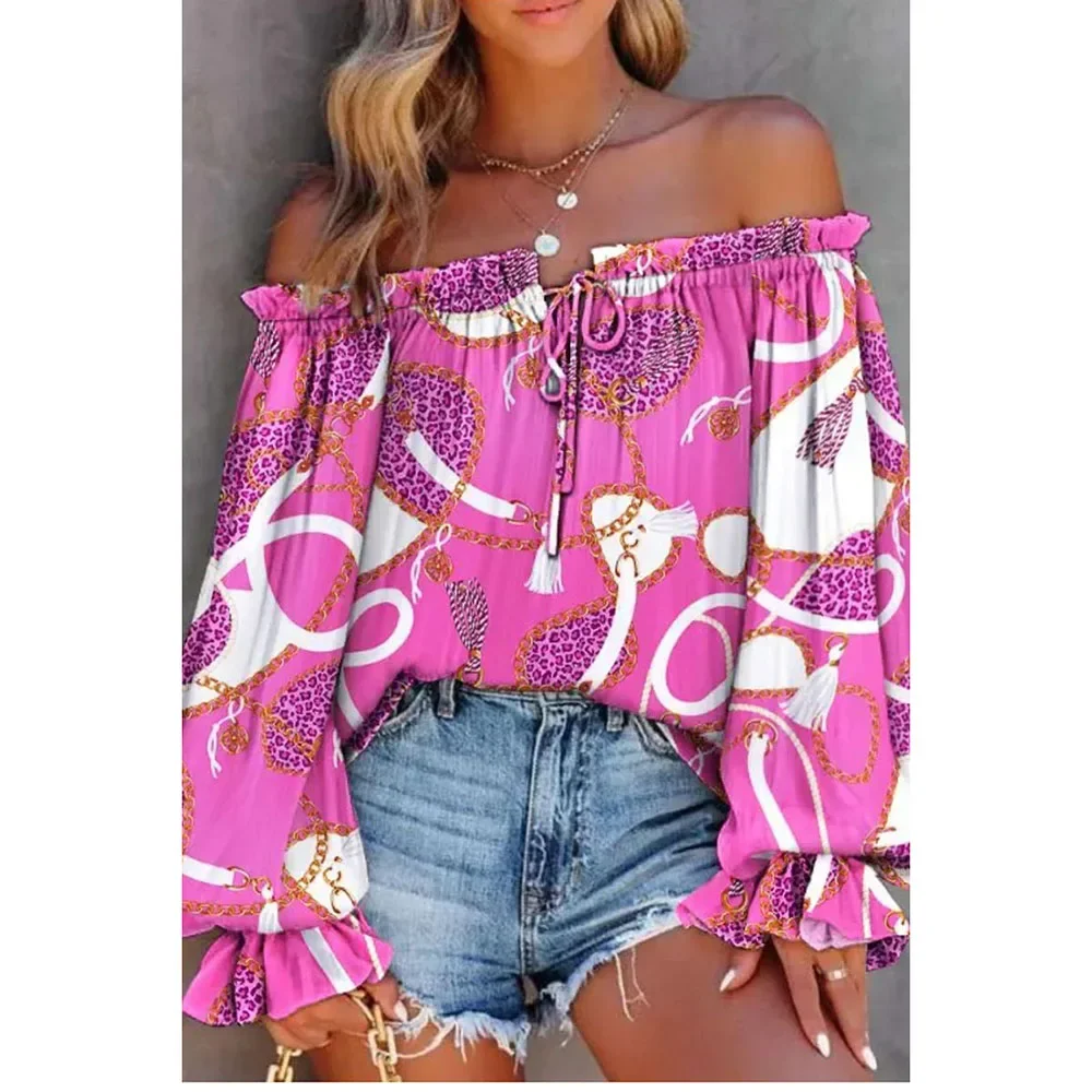 Summer Vacation Hot Pink Casual Off The Shoulder Fold Print Flare Sleeve Blouses Top