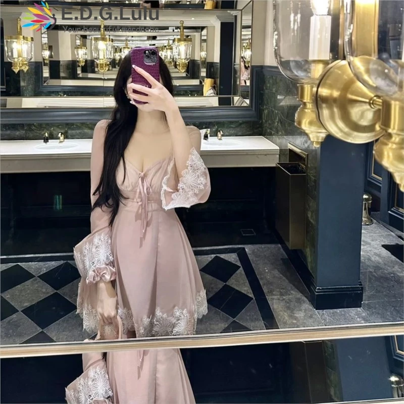 Edglulu design cetim retalhos renda mini vestido de festa mulher 2025 sem alças fora do ombro manga alargada vestido rosa 0821