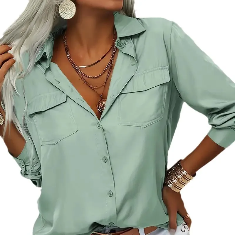 

New Women's Shirt Lapel Long Sleeve Blouses Spring Fall Fashion Elegant Black White Pockets Office Lady Shirts Women Clothing