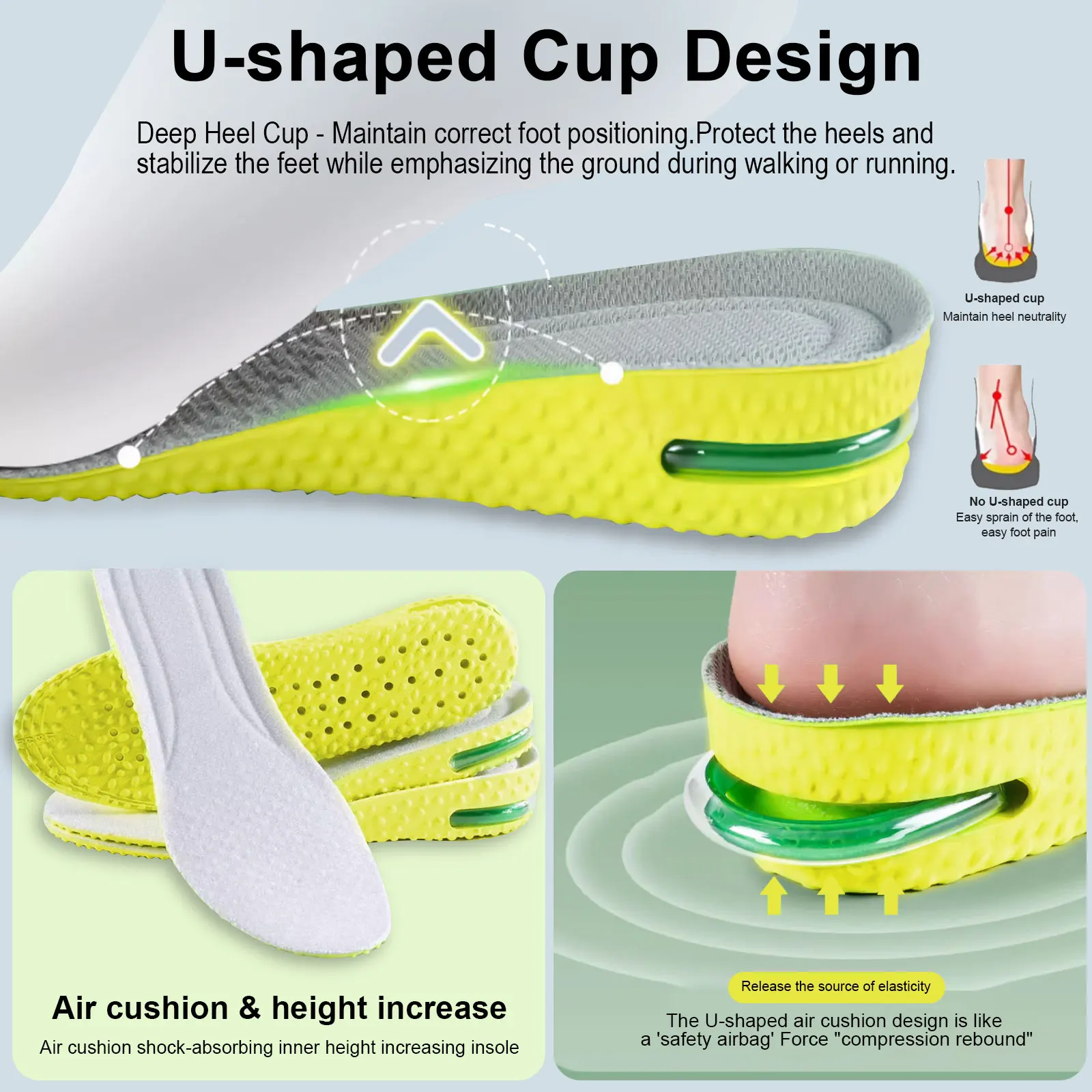 Air Cushion Heightening Insole Men/Women Invisible Shock Absorption Pressure Resistance High Elasticity Comfortable Shoe Inserts