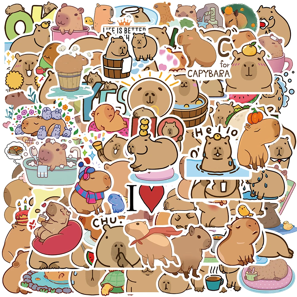 Capivara desenhos animados adesivos para laptop, água, garrafa, bagagem, skate, decalques grafite, engraçado, bonito, 50 ou 100pcs