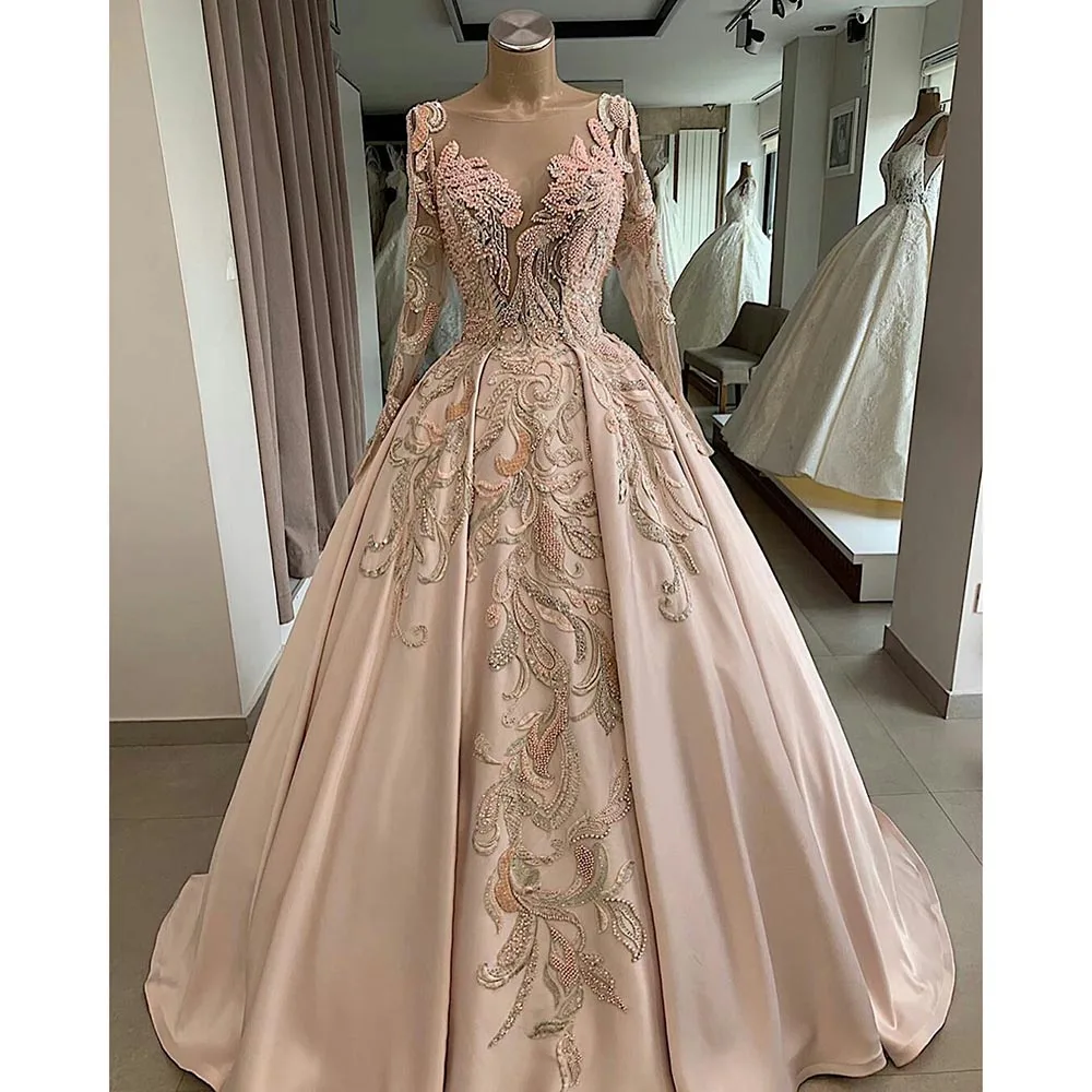 

Exquisite Beading Pearls Prom Dress with Appliques Fashion V-Neck Long Sleeves Floor Length Ball Gowns Chic Party Evening Dress