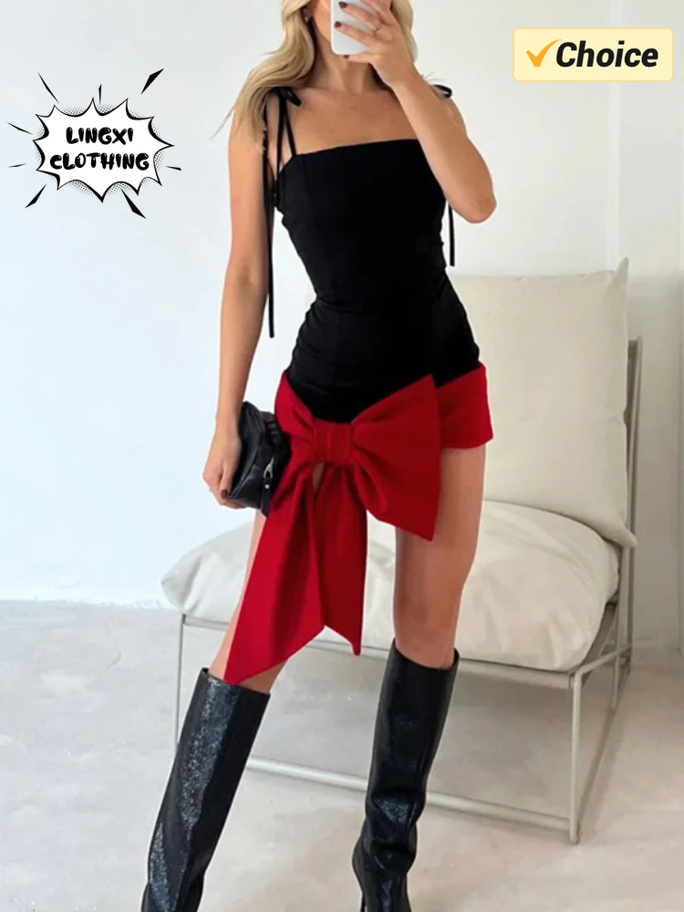 2024 Spring New Valentine\'s Day Slim Fit Sexy Bow Dress Party Dress Women\'s Fashion Tight Tank Top Wrapped Hip Skirt