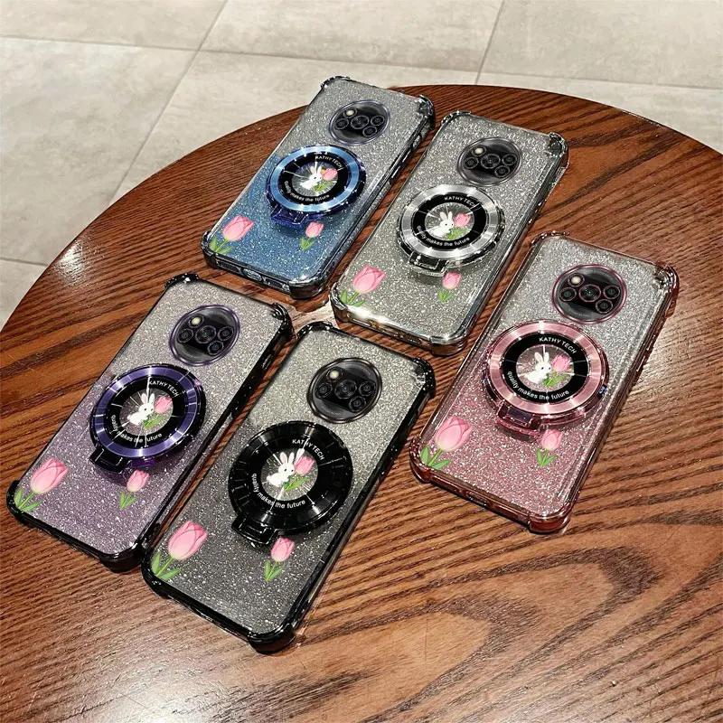 เคสโทรศัพท์มือถือ Xiaomi Mi Poco X3 Nfc GT M3 Pro X5 F3 F4 X6 M6 พร้อมสายคล้องมุก ประดับกลิตเตอร์ ลายกระต่ายน่ารัก พร้อมขาตั้ง