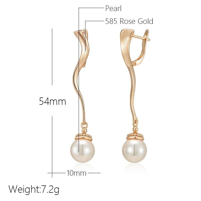 Kinel Unique Geometric Glossy Long Pearl Drop Earrings for Women Luxury 585 Rose Gold Color Accessories Party Daily Fine Jewelry