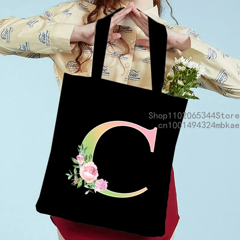 Pink Green Letter Handbag Lady Rose Alphabet Shoulder Bag Student Outdoor Beach Canvas Tote Bag Girl Foldable Shopping Bag Black