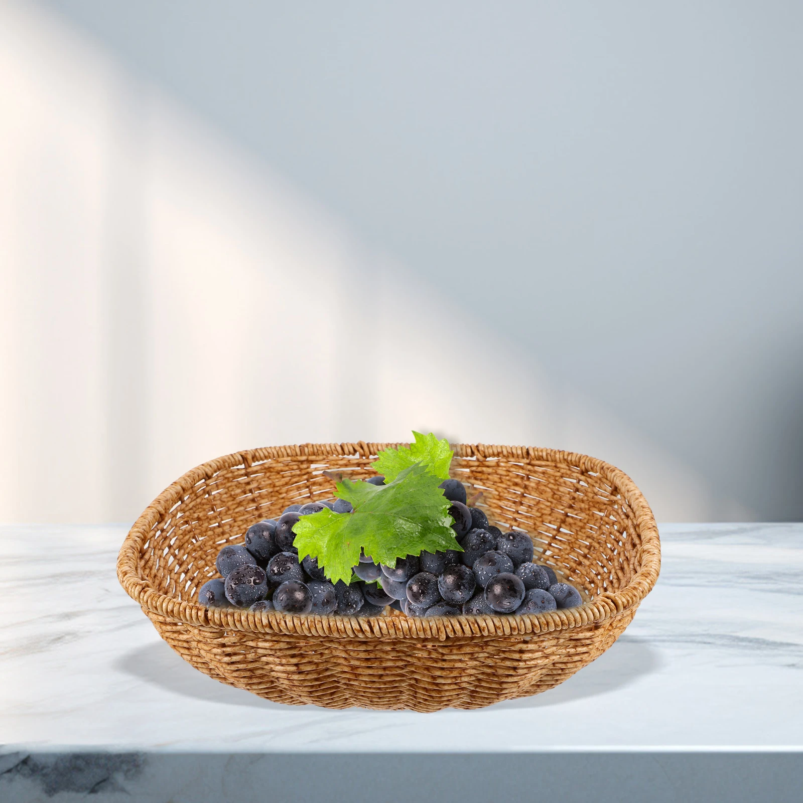 

Woven Fruit Snack Serving Tray Decorative Storage Holder Bread Serving Basket Fake Rattan Food Tray Kitchen Living Room