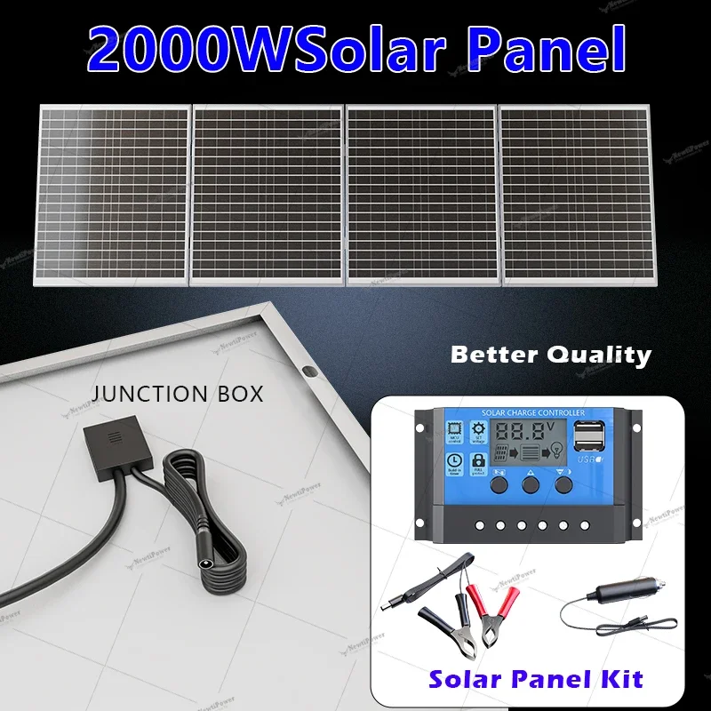 2000W 12V Solar Power Kit, 100A Charge Controller, DC Output Charger for Car, RV, Camping, Mobile Phone, Outdoor Off-Grid
