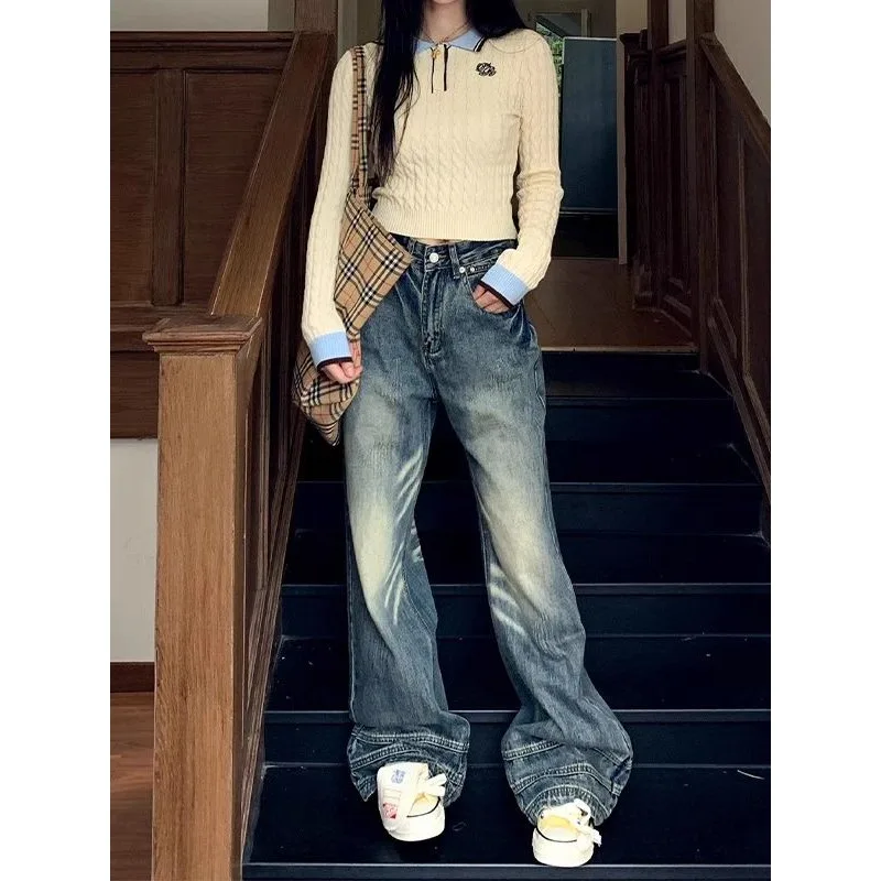 

Vintage American Style Women's Straight-Leg Slimming Long Jeans Distressed Washing Denim Pants Trendy Brand Bootcut Pants