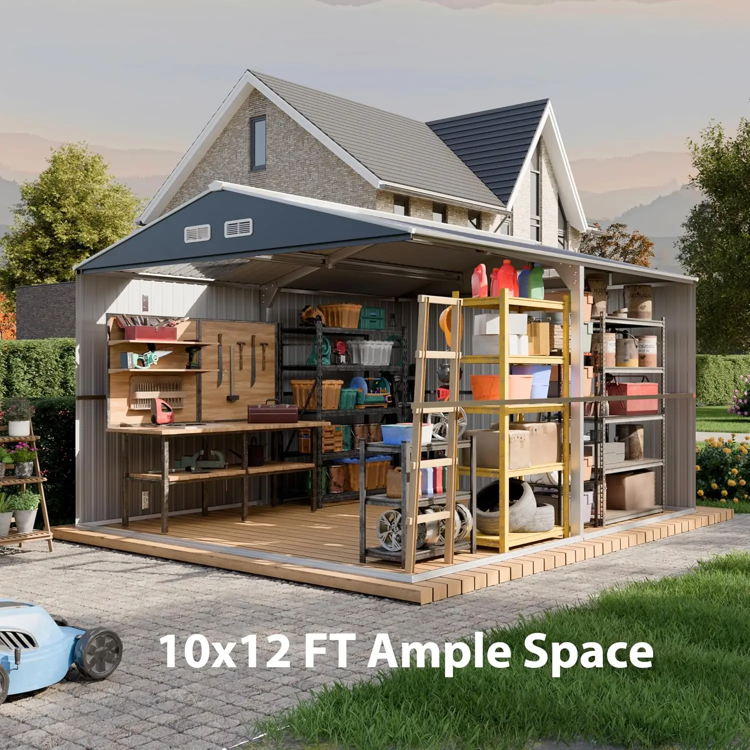 Outdoor Metal Storage Shed 10x12 FT with Floor Frame Clear Roof Vent Lockable Door Garden Backyard Patio, Customized - view 6