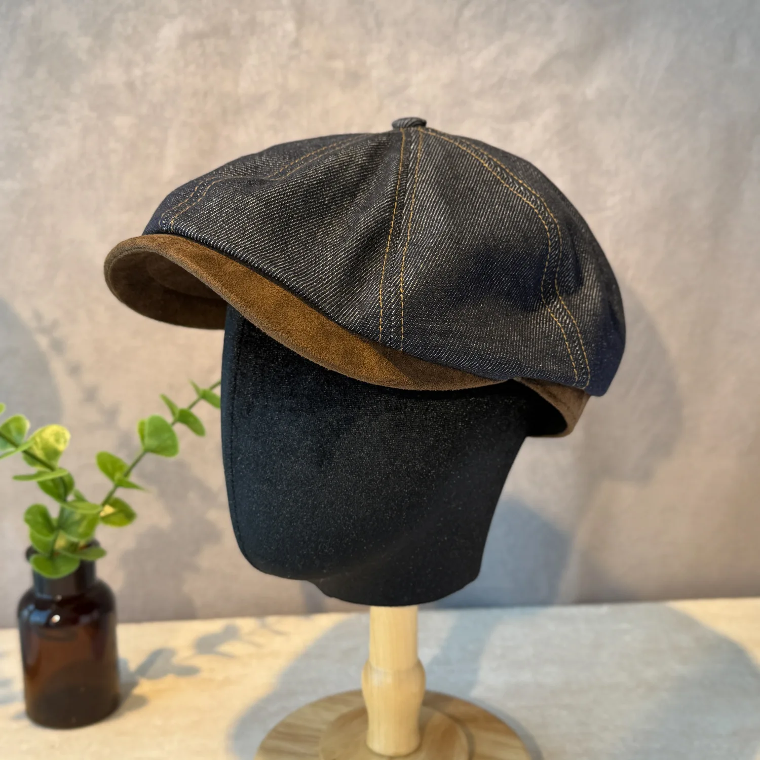 Autumn new wash-worn vintage denim octagonal hat with small brim Japanese literary and artistic leisure painter hat trend