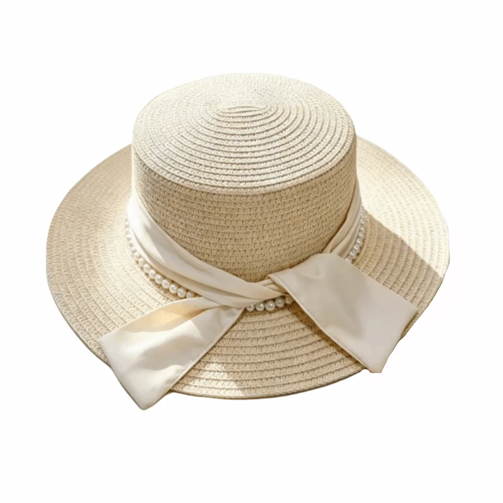 French Multicolor Straw Hat Beads Chain Breathable Sun Hat Sunshade Elegant Bucket Hat Travel Vacation