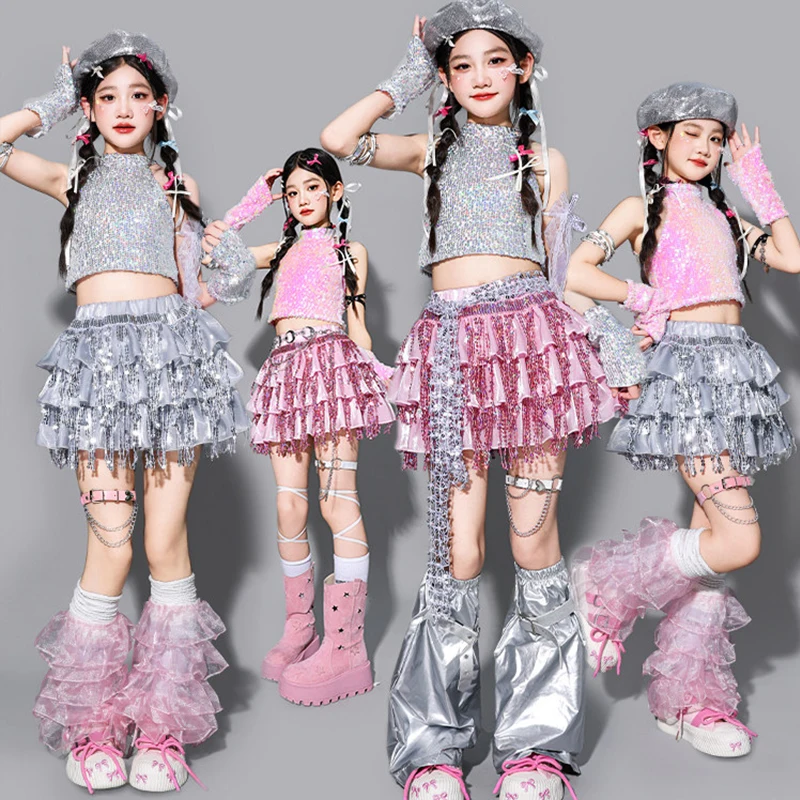 Jazz Dance Clothes Girls Sequin Performance Outfit Pink Tank Top Cake Skirt Kpop Show Stage Wear Model Runway Clothing AMY3878