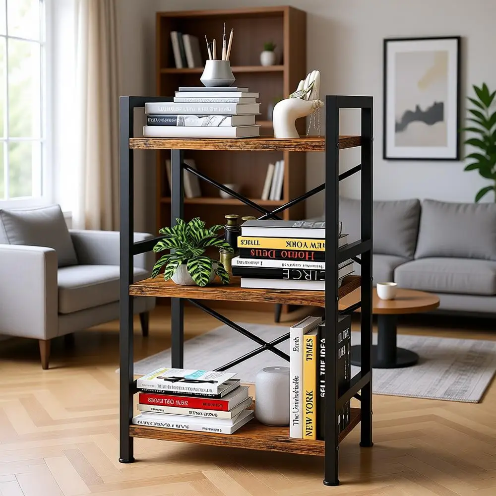 

3-х уровневая металлическая книжная полка, коричневый в деревенском стиле, органайзер для хранения вещей для гостиной, спальни и домашнего офиса