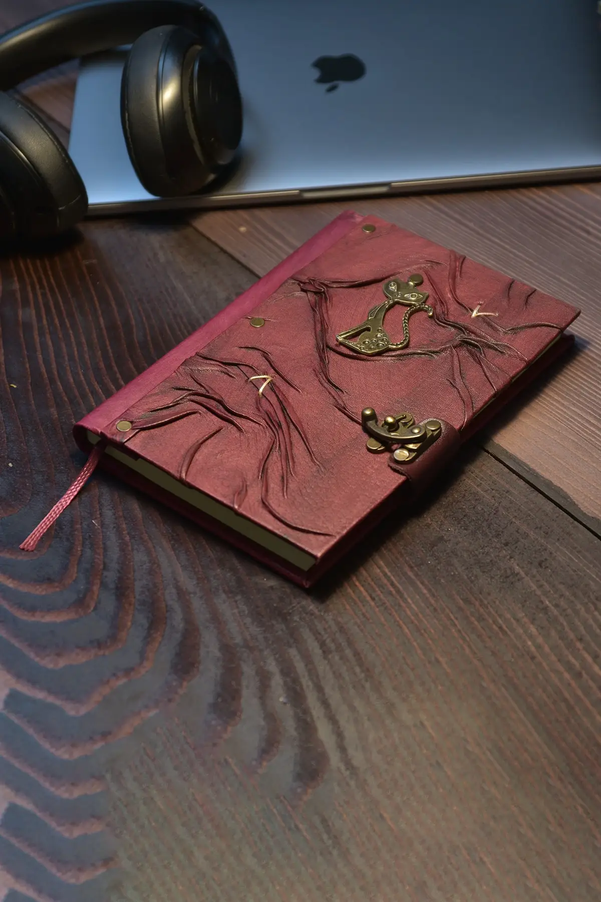 Uras Genuine Leather Şamua Paper Handmade Gift Moment Diary Notebook Cat Burgundy Sketchbook Handmade Book