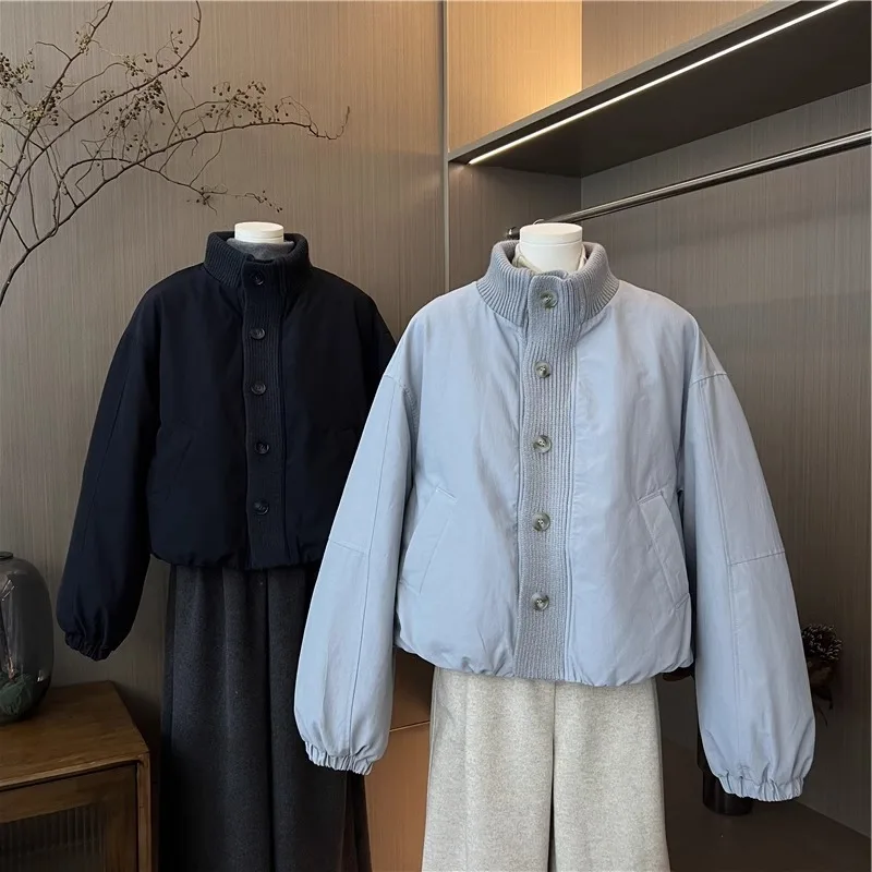 Koreanische Sle Ins Spleißen Gestrickte Baumwolle Mantel Jaet Männer Frauen Faionable Herbst Winter ort Stehkragen Lose Fit Baumwolle...