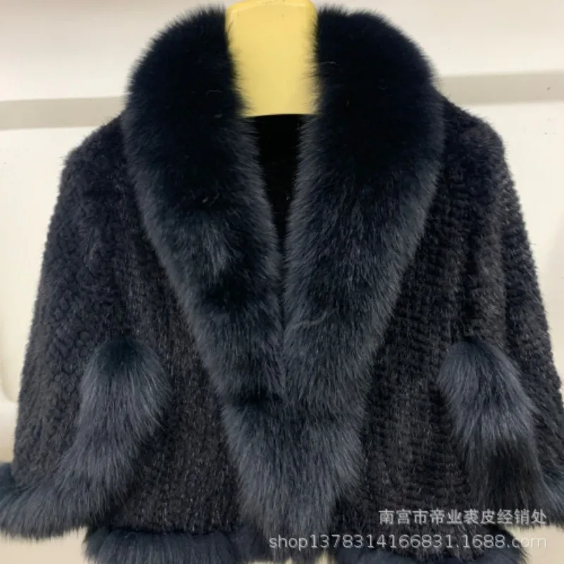 Luxury Real Mink Fur Poncho Knit 100% Real Mink Fur Shawl Natural Fox Fur Collar Cape Winter Scarfs High Quality Fluffy Jacket