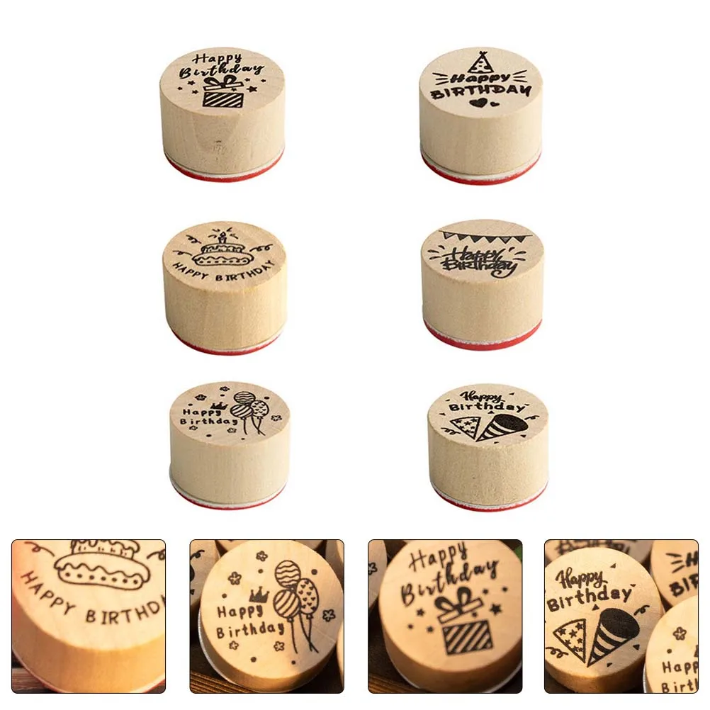 

6pcs Creative Party Stamps Decorative Round Wood DIY Planner Diary Scrapbook Wooden Stamp Set s Gift Storage Jar