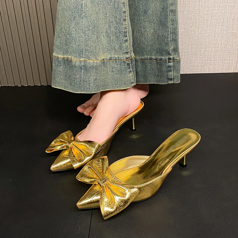 

New Style Popular Women's Fashion Big Bow Stiletto Half-drag Pointed Toe Shallow Mouth Anti-slip Wear-resistant High Heels