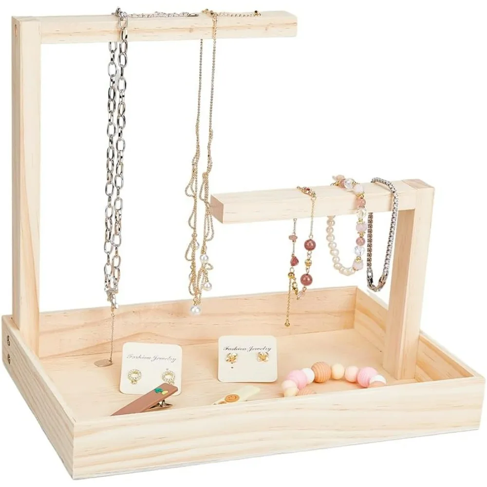 Wood Jewelry Organizer Holder Rectangle Jewelry Display Stands BurlyWood Necklace Hanging Organizer Stand with Tray for Bracelet