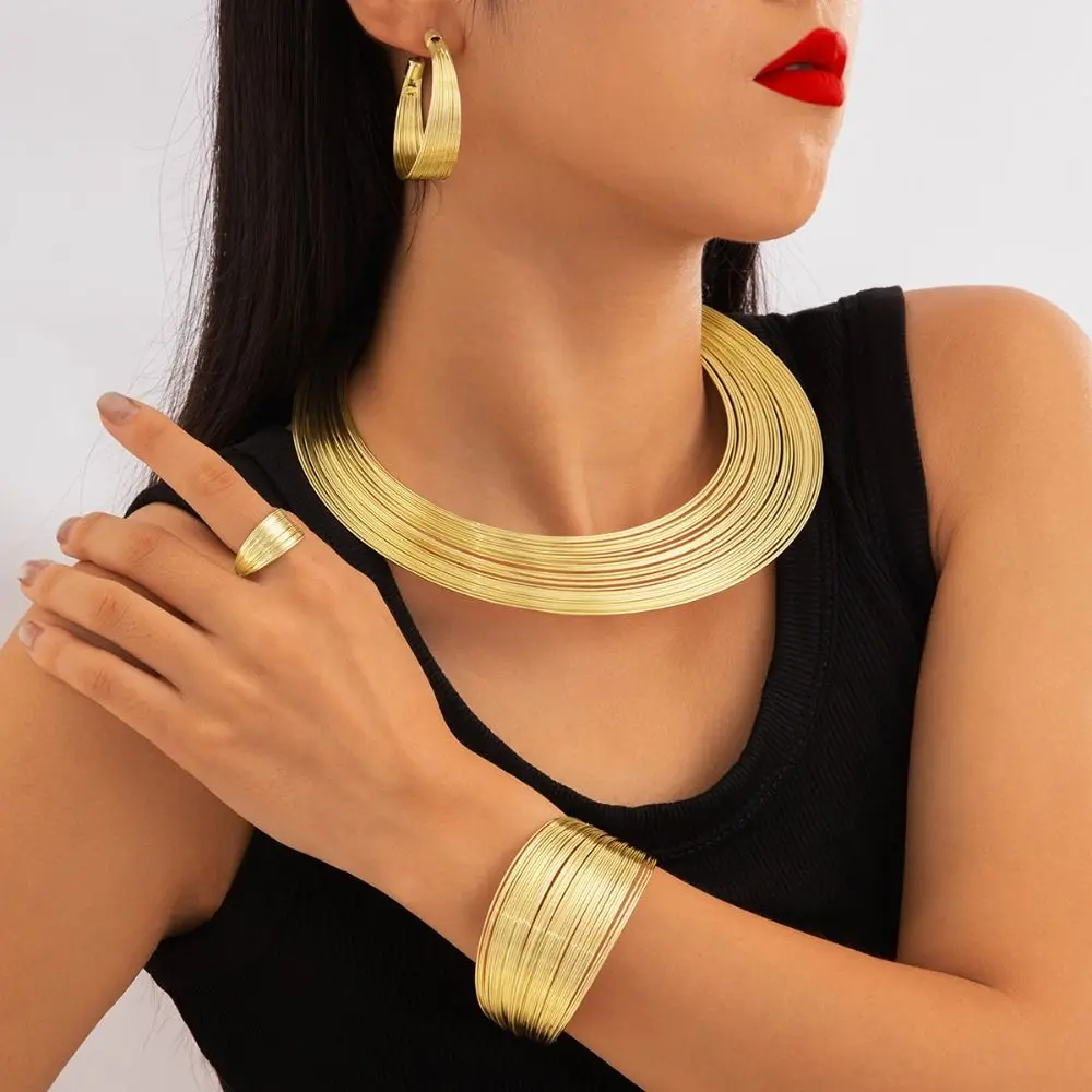 Elegant Earring Multilayer Metal Wire Jewelry Set Korean Style Jewelry Accessories Exaggerated Necklace Alloy Finger Ring Women image 2