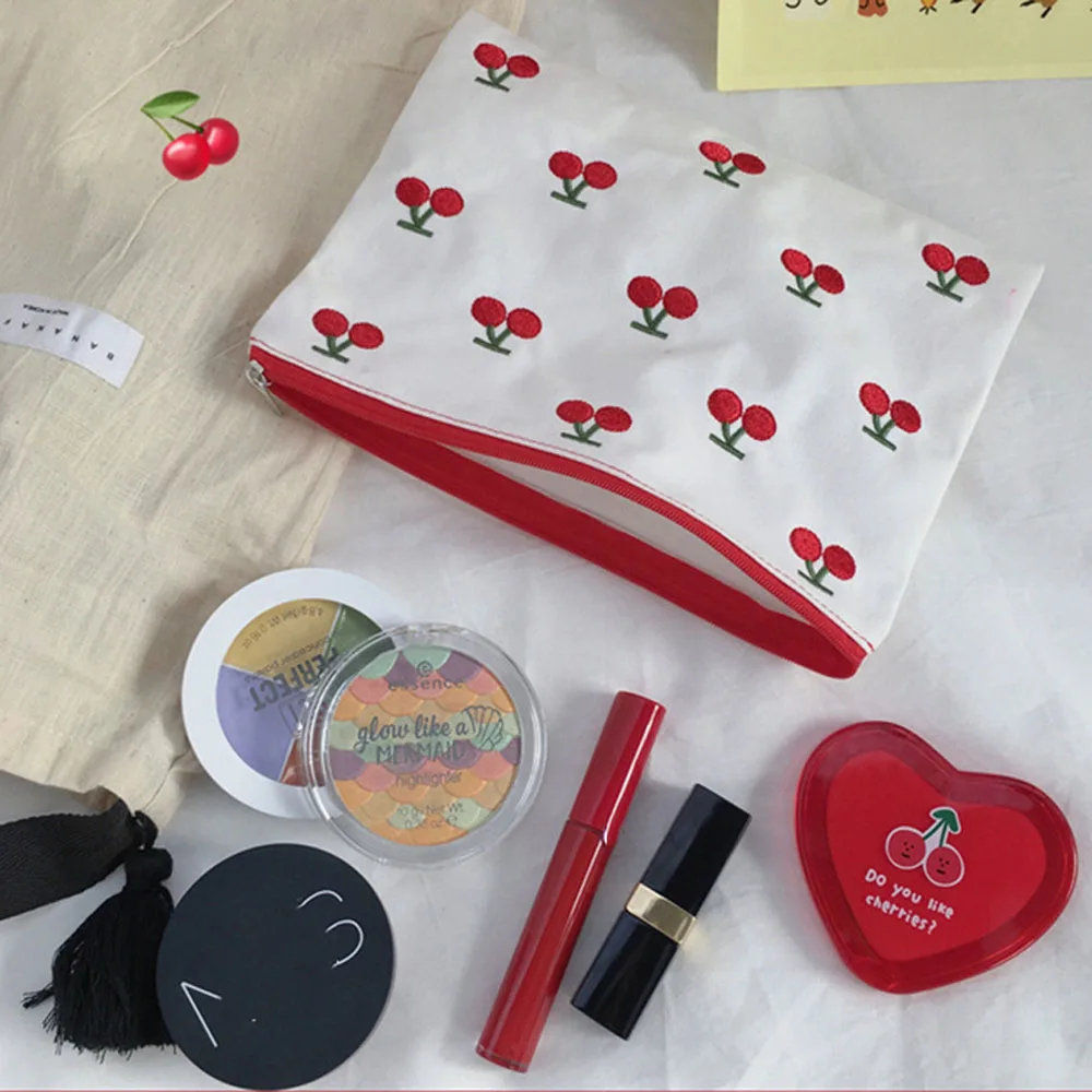 Bolsa de cosméticos con bordado de cereza de dibujos animados, estuche de lápices, bolsa de almacenamiento de maquillaje, bolsa de papelería para estudiantes, moda