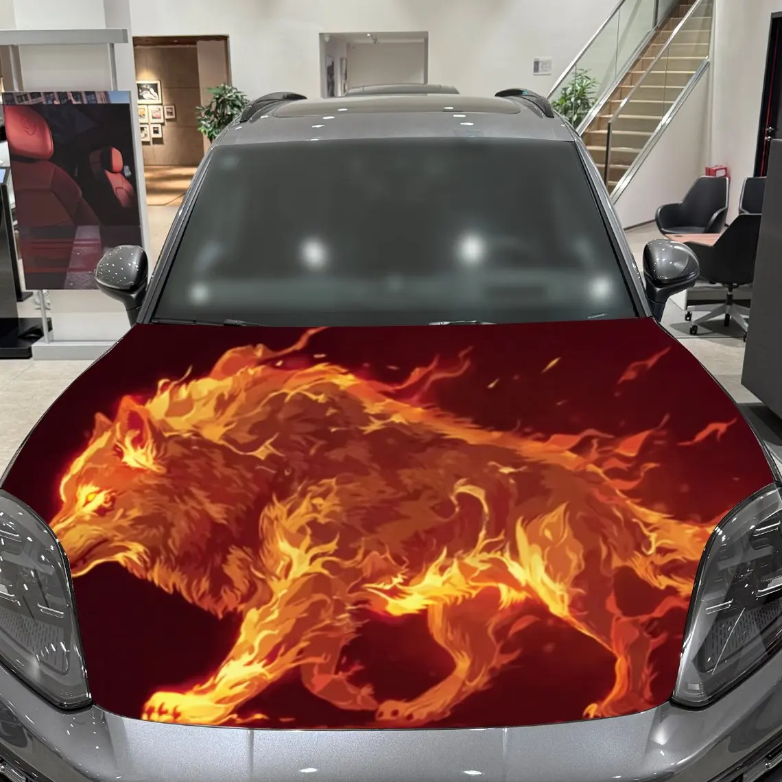 ملصق تغليف غطاء محرك السيارة Blazing Flame Wolf Soul، مادة PVC، طلاء ذاتي اللصق مقاوم للماء، طلاء مضاد للانزلاق، ديكور خارجي للسيارة