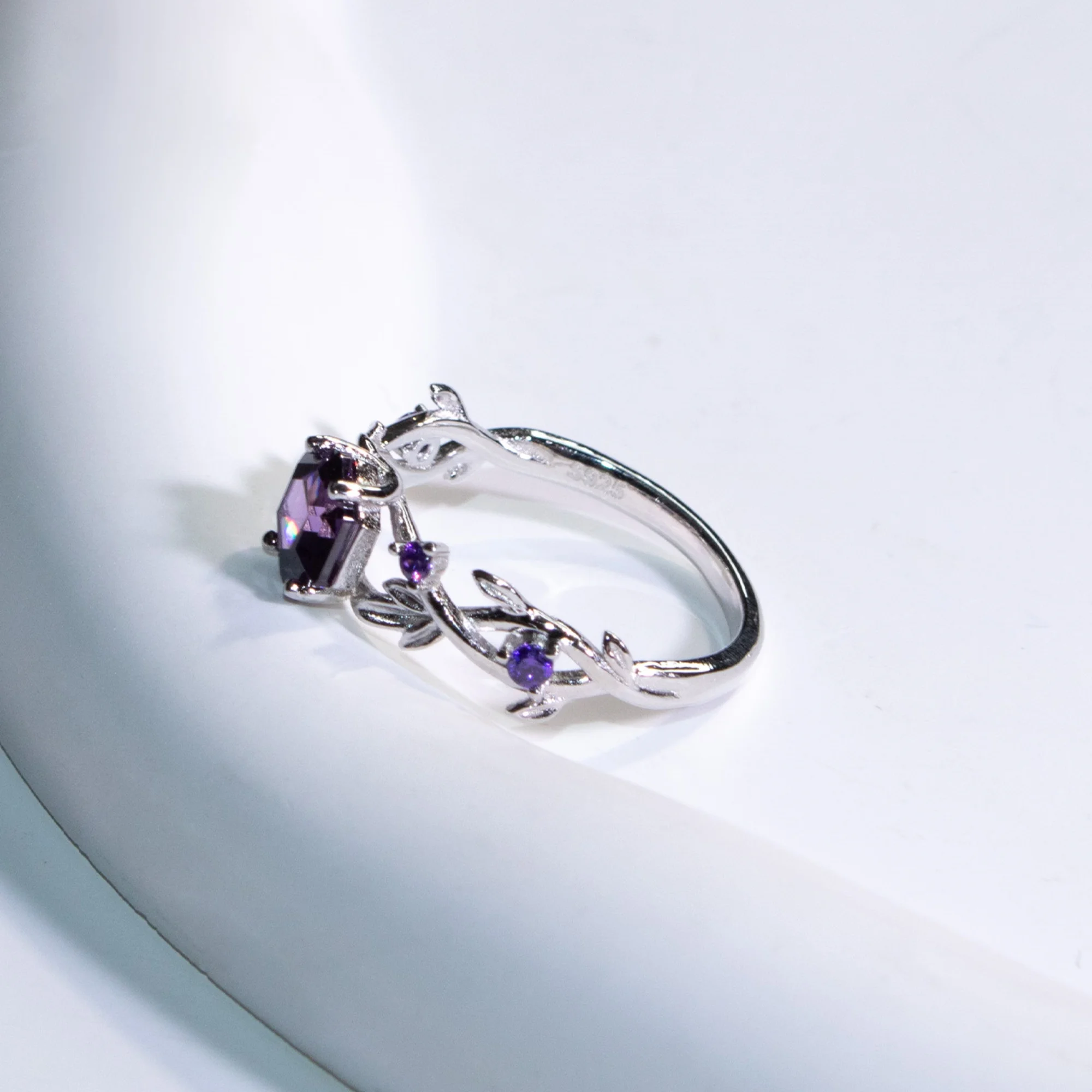 Violet Hexagon Ring Wedding Fine Jewelry 925 Silver Flower Rings