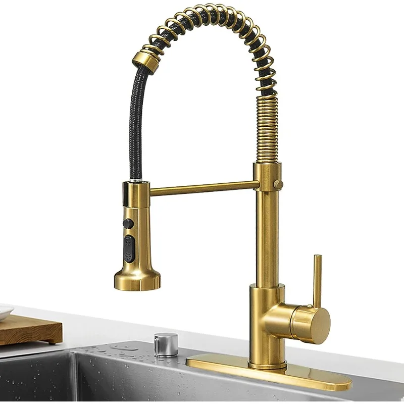 

Brushed Gold High Arc Spring Kitchen Faucet with Pull Down Sprayer, Commercial Rv Single Lever Kitchen Sink Faucet,3 Fun