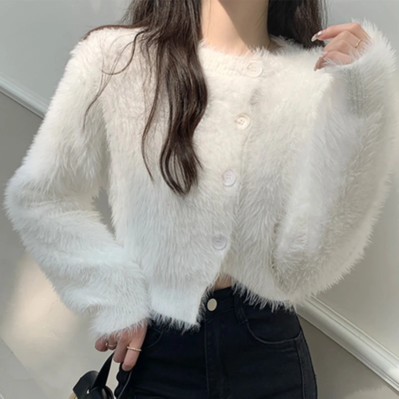 

Solid O-Neck Cardigan Woman Spring Autumn Fashion Imitation Mink Fur Knitwear Women Temperament Irregular Short Coat Ladies