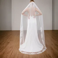 Velos de novia cortos V47, borde de encaje, longitud de la Catedral, velo de novia con peine, adorno de encaje francés Floral, accesorios nupciales