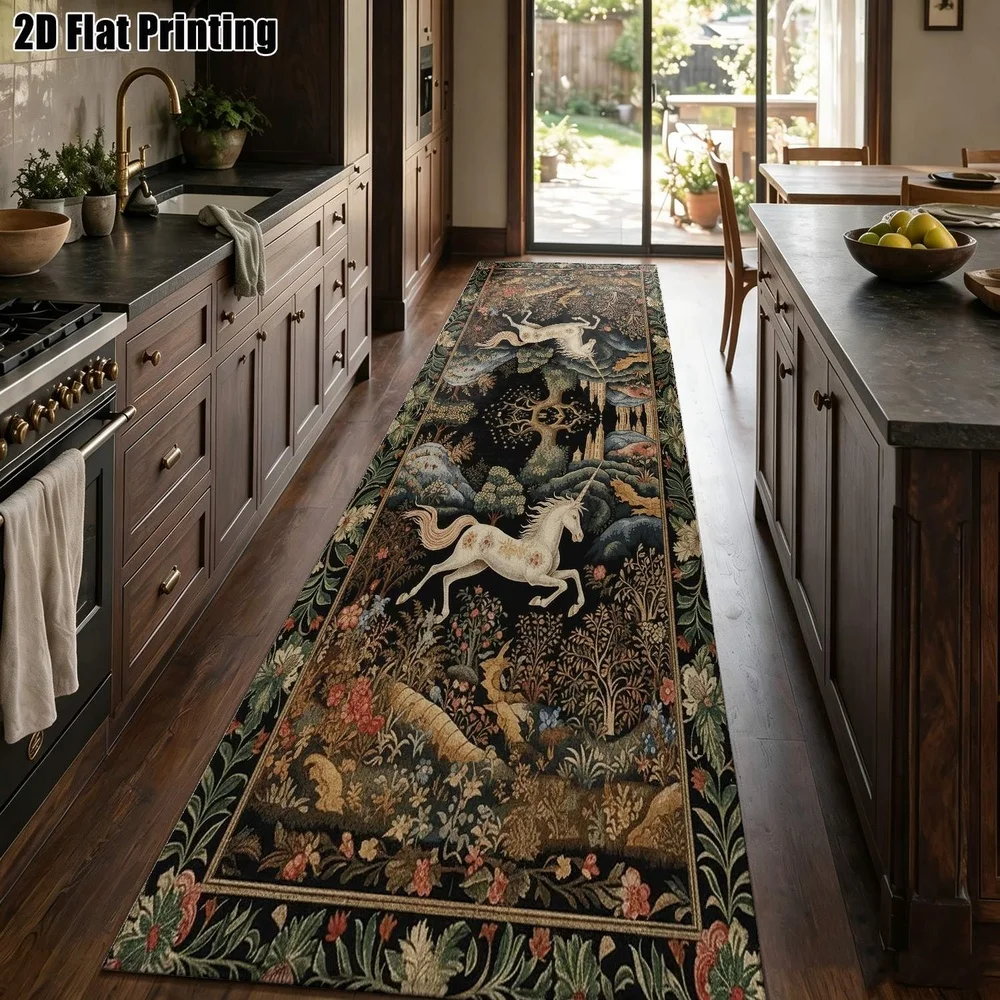 1Pc European Retro Unicorn Forest Pattern Printed Long Carpet, Retro Corridor Carpet, Suitable for Kitchen, Bedroom, Foyer, Balcony, Entrance, Bedside, European Classical Atmosphere Home Soft Decoration