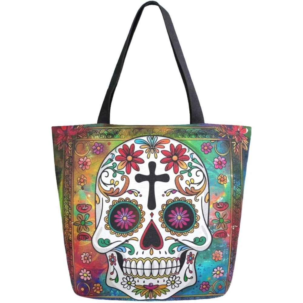 

Шикарная очень большая продуктовая сумка через плечо, этническая холщовая сумка с сахарным черепом на лице, день мертвых, повседневная сумка с ручкой для занятий йогой в тренажерном зале