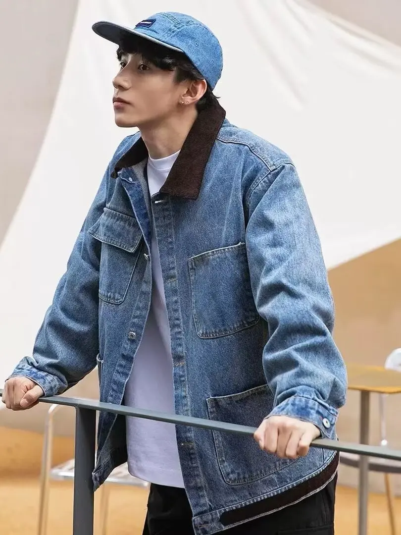 

American Retro Men's Denim Jaet Loose Fit Multi-ket Patchwork Collar Workwear Jaet Trendy High Street Sle