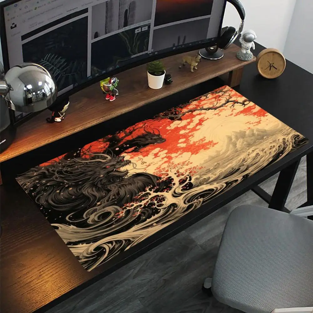 

Ukiyo-e style double dragon and wave painting Non-slip rubber bottom washable mouse pad suitable for work and gaming and office