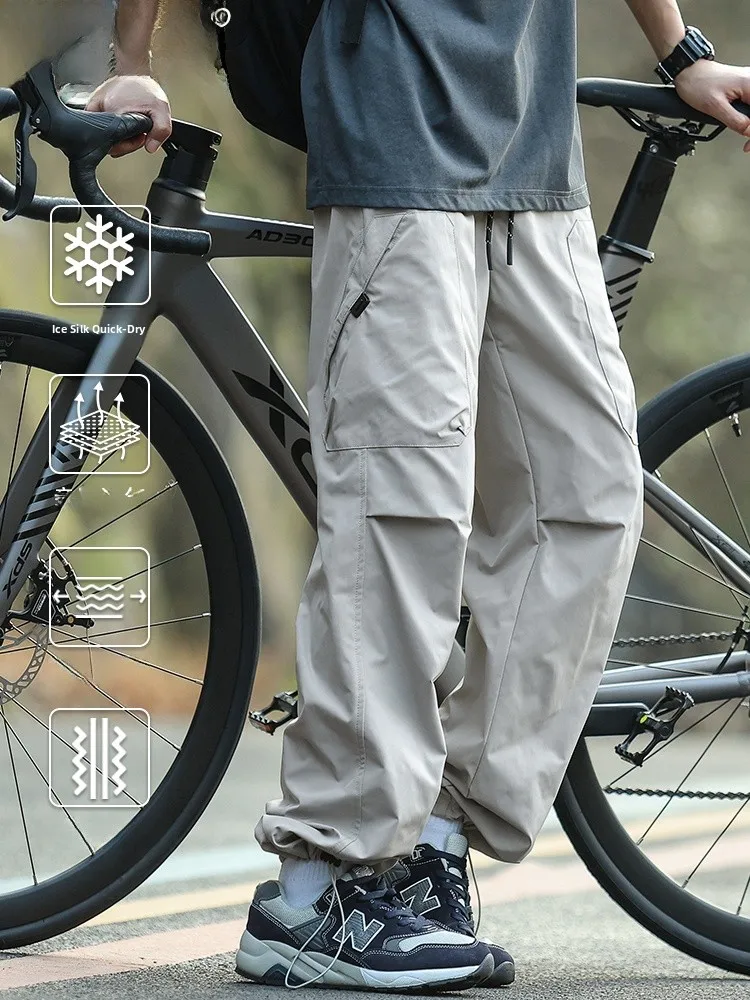 

Ice Silk Workwear Trousers Men's Summer Thin Loose Straight Casual Sports Function Paratrooper Long Pants Faionable Youth S...