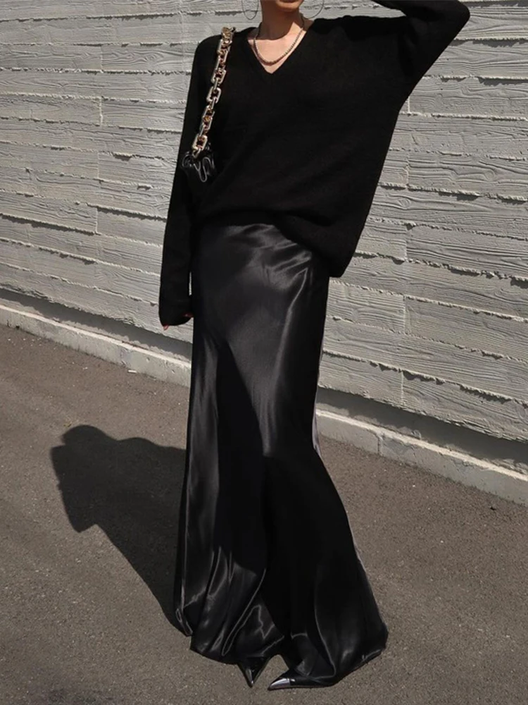 

Trendix Women Evening Elegant Satin Skirt 2026 New High Waist Fashion Vintage Casual Long Skirts Party Slim Basic Commuter Skirt
