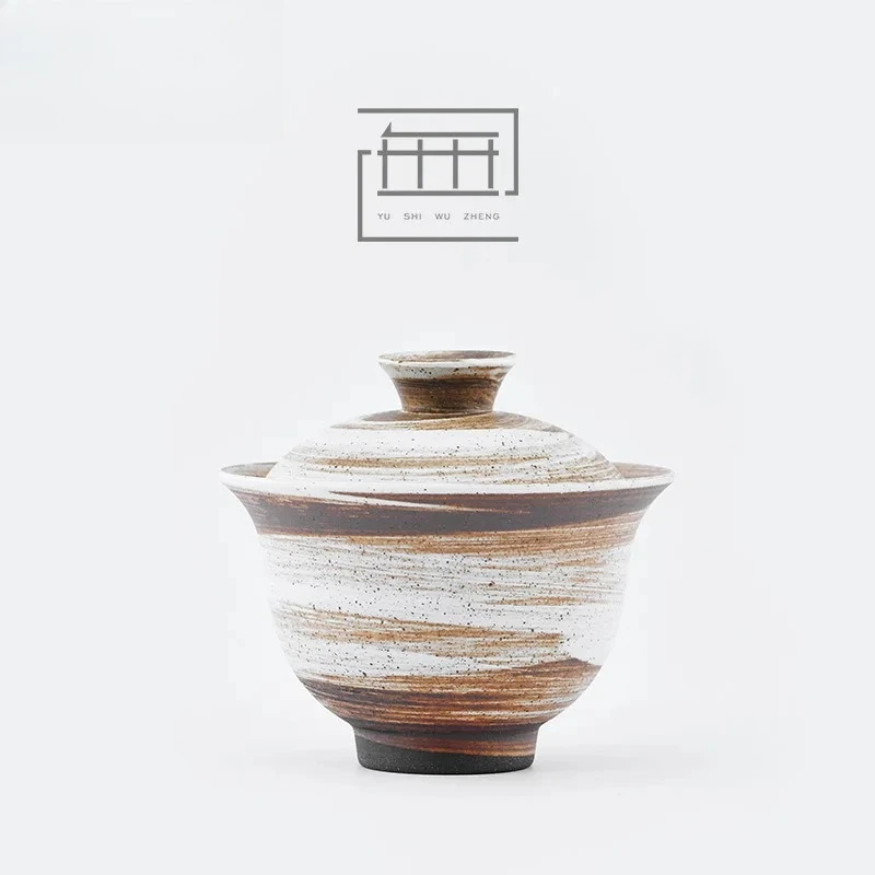 

130ml Antique Rough Pottery Gaiwan Handmade Ceramic Soupers with Lids Tea Tureen Tea Making Cover Bowl Tea Ceremony Ornaments