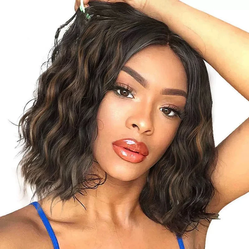 Women's front , middle parting, small lace highlights, water wave short curly synthetic hair wig