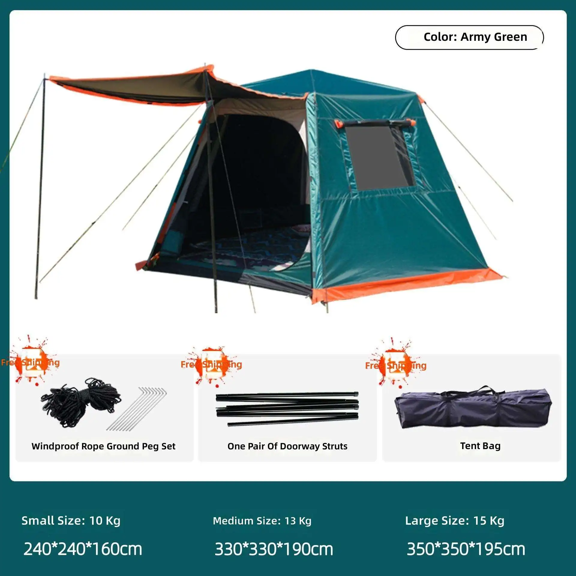 Four Season Oxford Cloth Double Layer Hexagonal Tent Outdoor Automatic Water Resistant One Bedroom 5-6 Person Camping