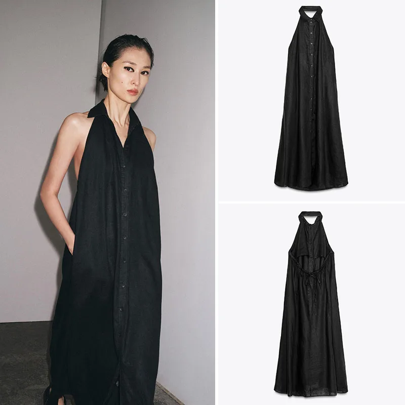 

Summer New Arrival Backless Hanging Collar Sleeveless Dress Elegant Simple Style for Party Ball Daily Wear Pure Color