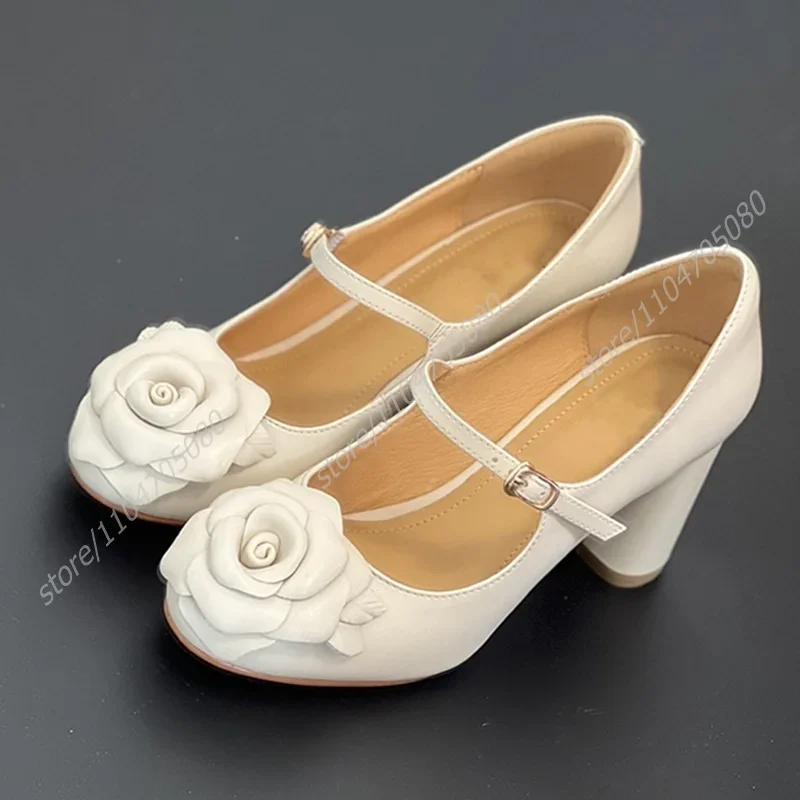 

Pure White Wedding Sandals Flower 3D Design Girls Princess Heels Round Toe Chunky Low Heel Buckle Women Sweetheart Baby Shoes
